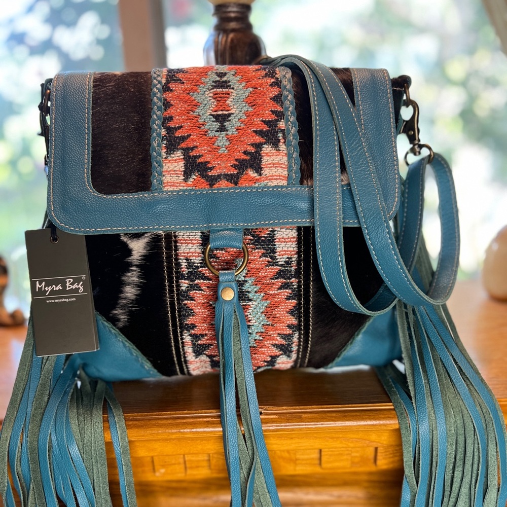 New Myra Western Boho Crossbody Purse Aztec Turquoise Fringe Cowhide Bag